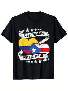 Colombian & Puerto Rican Unity T-Shirt| 100% Y2K Empowering Classic Letter Pattern, Short Sleeve, Casual Style, Retro Style, Black, Gift For Teachers, Outdoor Gathering Attire, Loose Fit, Breathable Summer Wear - Black - View 1