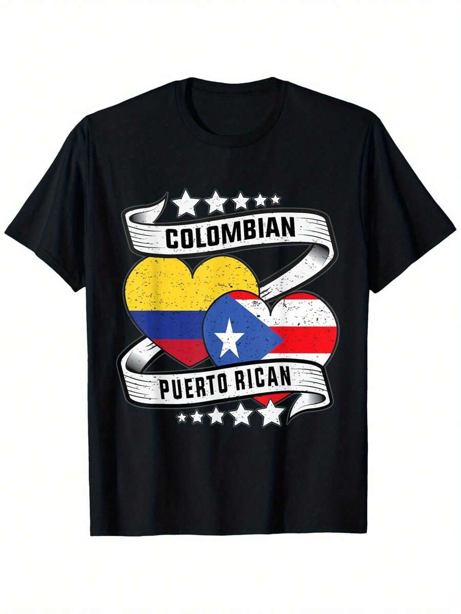 Colombian & Puerto Rican Unity T-Shirt| 100% Y2K Empowering Classic Letter Pattern, Short Sleeve, Casual Style, Retro Style, Black, Gift For Teachers, Outdoor Gathering Attire, Loose Fit, Breathable Summer Wear - Black - View 1
