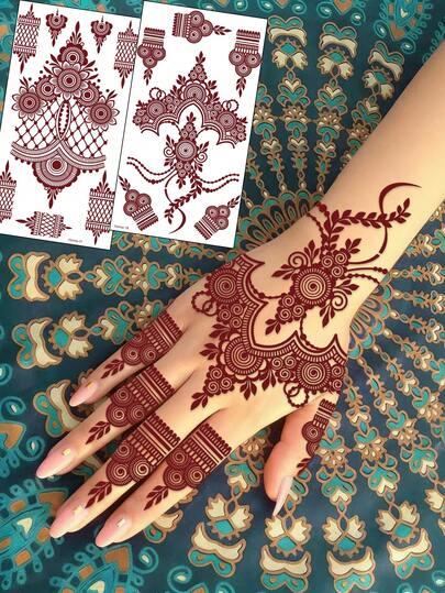2pcs Henna Style Floral Design Temporary Tattoo Stickers, Waterproof & Sweatproof, Vivid Colors, Fashionable One-Time Temporary Tattoos, Washable, Suitable For Women, Lasts 5-7 Days, Perfect For Parties