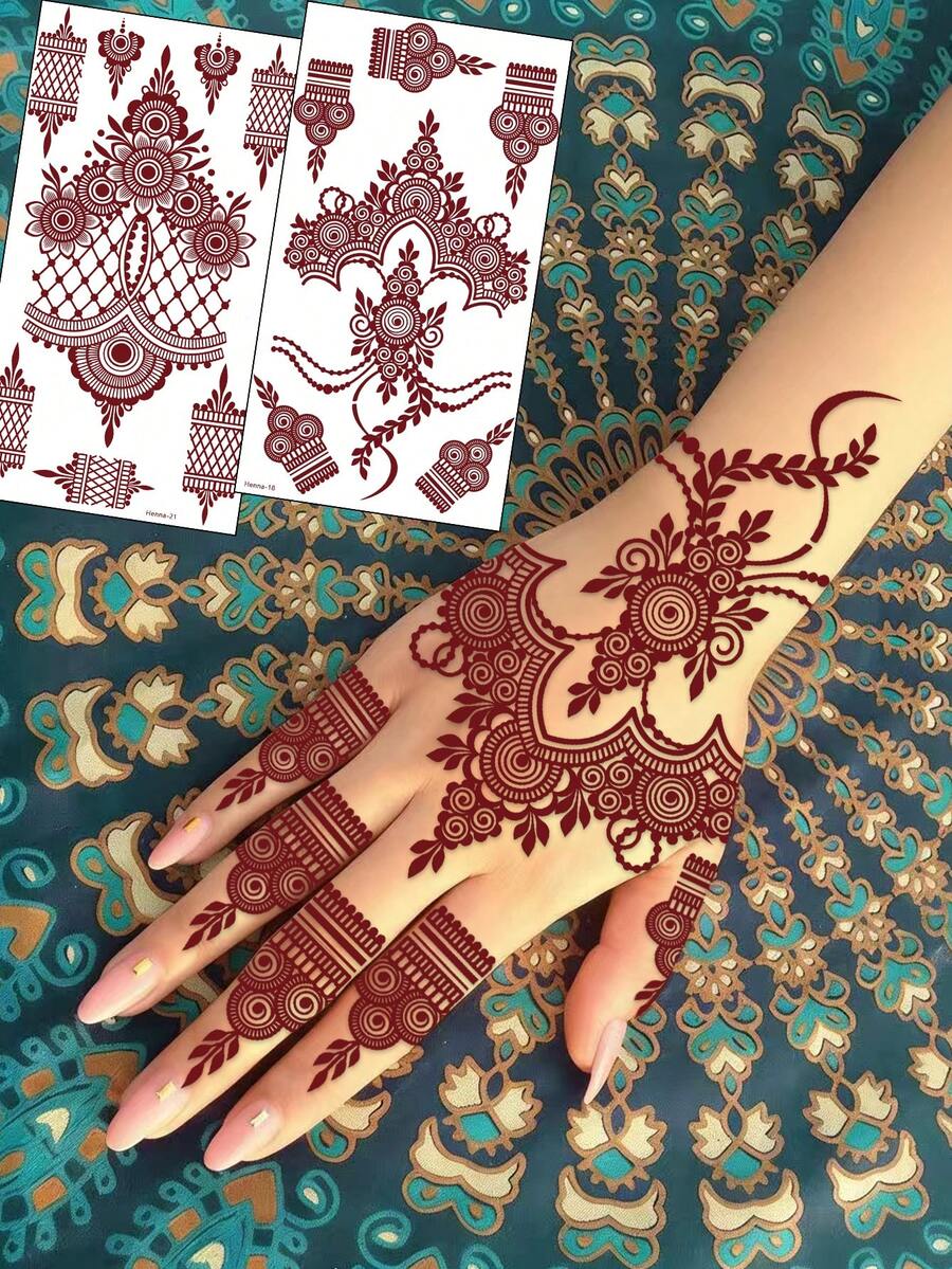 2pcs Henna Style Floral Design Temporary Tattoo Stickers, Waterproof & Sweatproof, Vivid Colors, Fashionable One-Time Temporary Tattoos, Washable, Suitable For Women, Lasts 5-7 Days, Perfect For Parties - Burgundy - View 1
