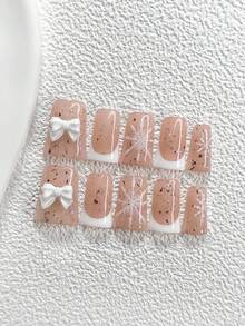 10Pcs Romantic Style Handmade Press On Nail,Polygel Nail Set,Bow Accents And Hand Painted Snowflake Designs,Snowflake,White Nail Polish,Fresh Style,Includes Nail Tools,3 Sizes Available,Almond,Duck,Coffin Nails For Party,Dance,Daily Wear. - 彩色 - 查看 12