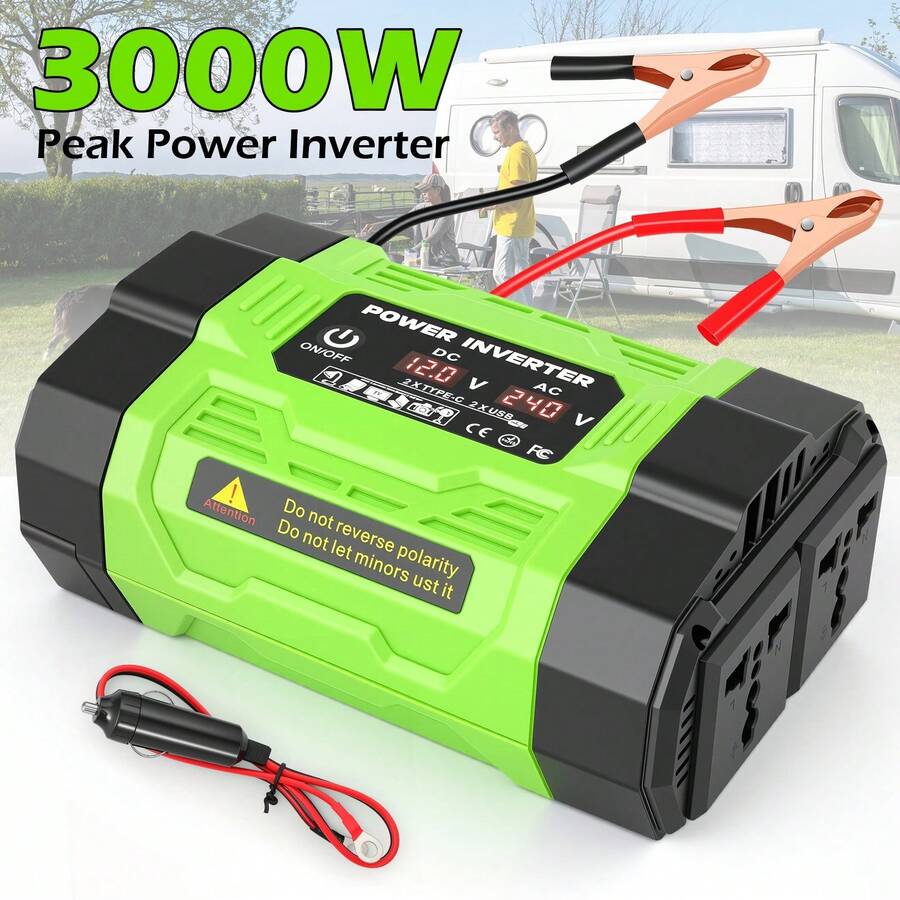 10000W Peak Portable Car Power Inverter, 5000W Continuous 12V To 220V Converter With 6 Fast Charging Ports, Hidden High-Current Terminals & Smart Safety Protection For Outdoor Emergency - 綠色3 - 查看 1
