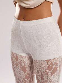 Women's Floral Lace Bell Pant Mesh See Through Flare Bottom Leggings Hollow Out Mesh Cover Up Trousers - trắng - Xem 8
