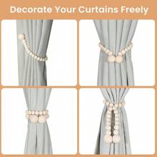 Magnetic Wood Bead Curtain Tiebacks, Curtain Holders For Boho Bedroom, Nursery, Farmhouse Decor, Wood Color, 2 Packs - Wood Color - View 4