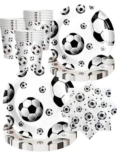 50件套黑白足球主题派对用品套装 - 经典足球图案一次性纸盘、纸杯和餐巾纸 | 适合男孩足球生日派对、体育比赛观看派对和青少年足球队庆祝活动的节日餐具 | 足球和星星装饰，可作为派对礼物、家庭运动聚会装饰和特殊场合必备品