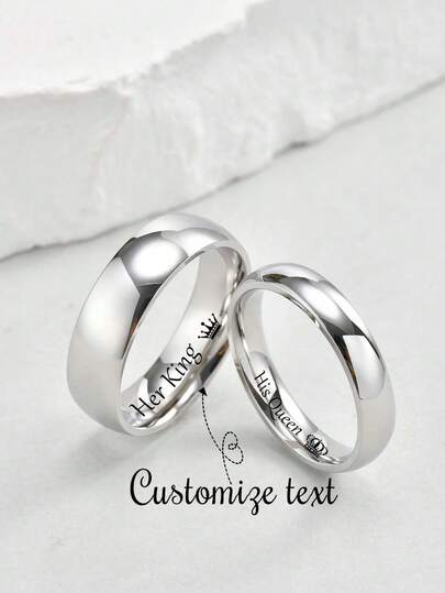Set de 2 anillos de pareja de acero inoxidable lisos personalizados, de 4 mm y 6 mm, color plateado, adecuados para el Día de San Valentín, la boda y el matrimonio
