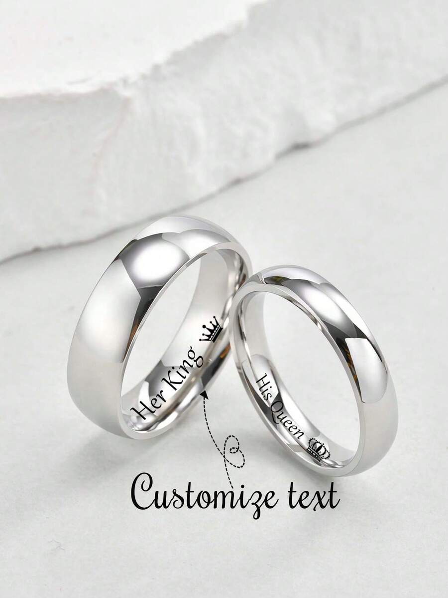 2 pièces/set Anneaux de couple en acier inoxydable personnalisés, 4 mm et 6 mm, couleur argent, convient pour le mariage, l'union, l'amour éternel, minimaliste - Argent - Voir 1