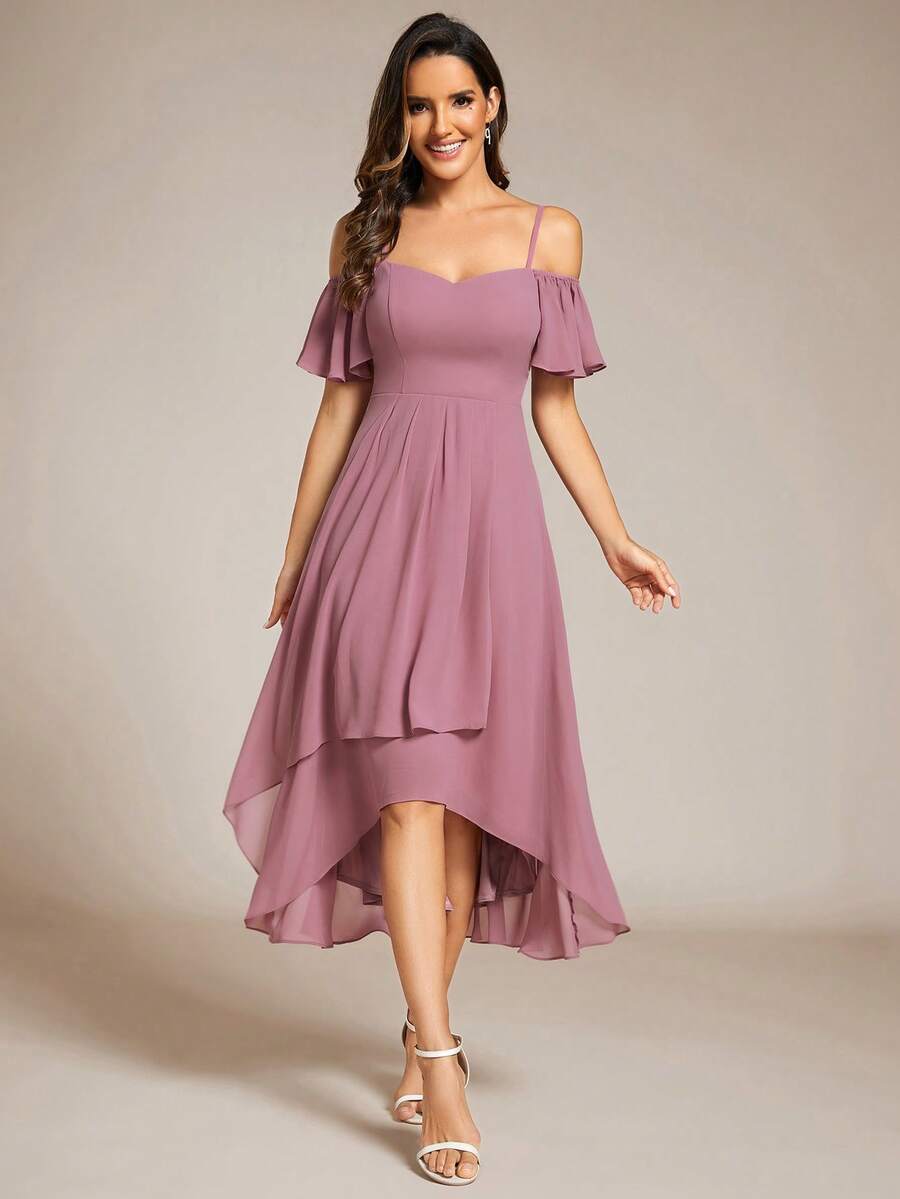 EVERPRETTY Solid Color Open Shoulder Bridesmaid Dress With High-Low Hem, Elegant And Graceful Wedding Spring - Dusty Pink - View 1