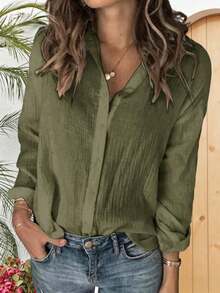 Womens Long Sleeve Button Down Cotton Linen Shirt Blouse Loose Fit Casual V-Neck Tops - 軍綠色 - 查看 1