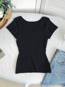 Novo top de malha de cor sólida, versátil, com modelagem slim fit, cintura marcada e mangas curtas, preto, para primavera/verão. - Preto - Ver 8