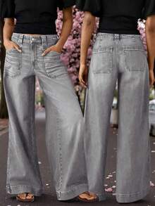 Plus Size Fashion Wide Leg Jeans, Denim Fabric, With Pockets, Comfortable Medium Stretch Material, Button And Zipper Closure, Suitable For Daily Wear Casual Spring - Grey - View 1