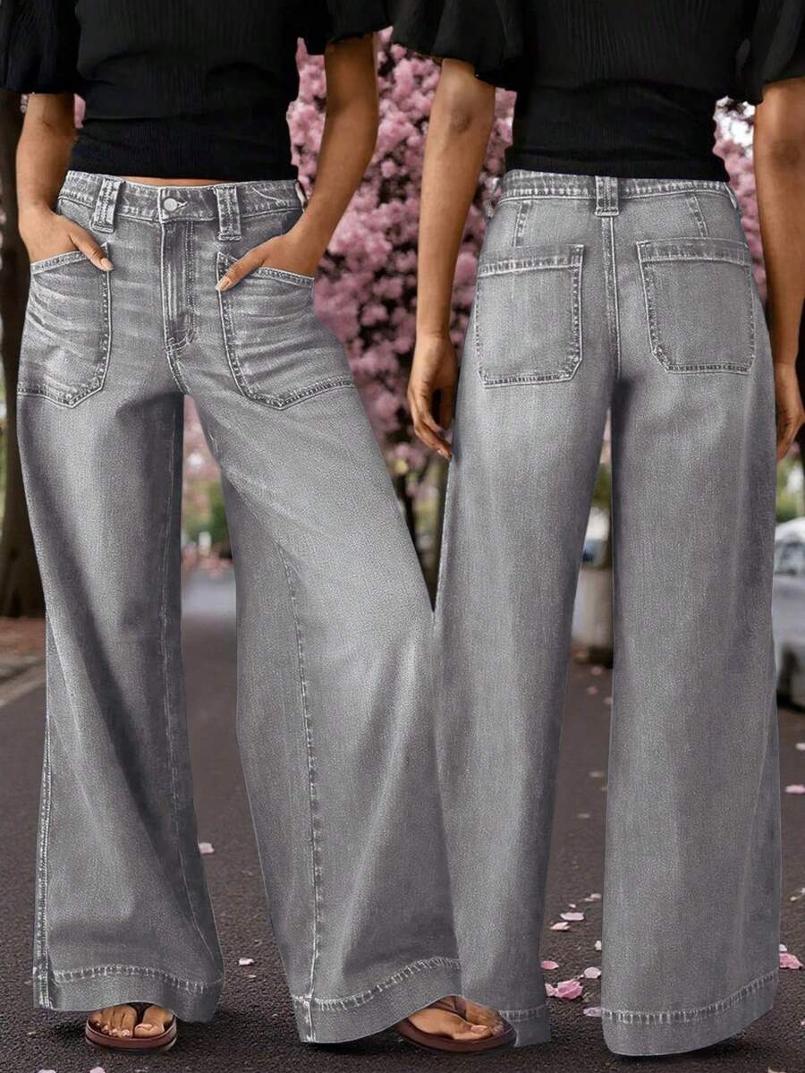 Plus Size Fashion Wide Leg Jeans, Denim Fabric, With Pockets, Comfortable Medium Stretch Material, Button And Zipper Closure, Suitable For Daily Wear Casual Spring - Grey - View 1