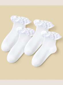 4双装女童白色荷叶边蕾丝公主芭蕾舞袜，透气网眼踝袜 - 白色 - 查看 7