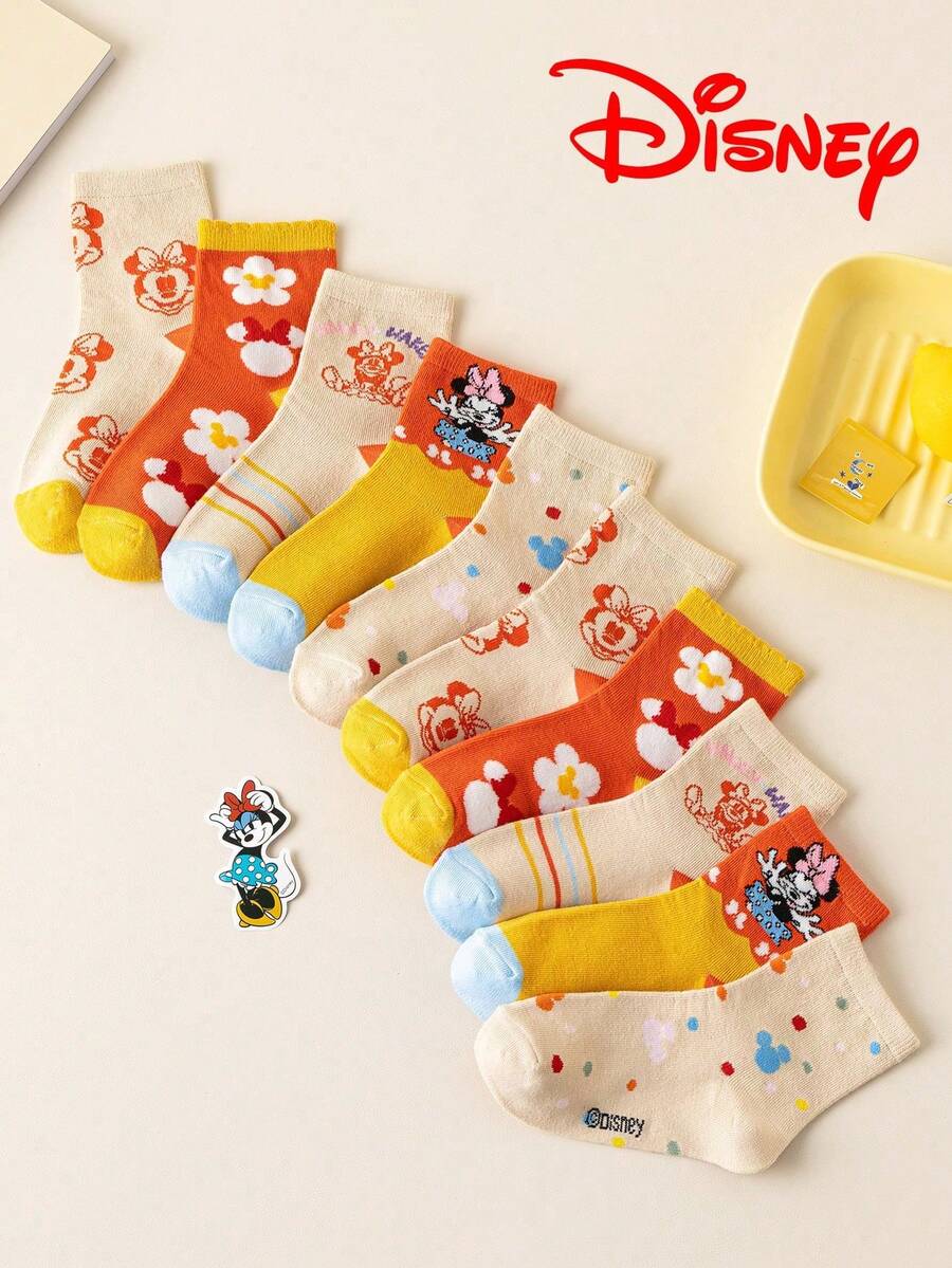 Disney 5/1 Pair Children's Minnie High Elastic Sports Cute Series Socks, Mickey Mouse Family Socks, Spring & Autumn Girls' Elsa Princess, Mermaid Princess Mid-Calf Socks, Korean Cartoon Boys' Breathable Baby & Student Short Socks - Multicolor - View 1