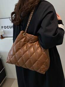 大容量时尚手提包，棉质刺绣绗缝柔软休闲链条单肩斜挎包，女士款 - 咖啡 - 查看 1