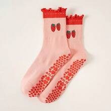 I Pair Ruffle Edge Yoga Pilates 女士棉质防滑袜，带有水果爱心印花。 - 彩色 - 查看 11