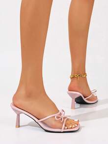 Sandalias de tacón alto con punta cuadrada, malla transpirable y punta abierta para mujer. Sandalias de diapositiva con tacón de aguja y lazo minimalistas y versátiles para el verano - Red simple con cabeza cuadrada de color rosa claro - Ver 9