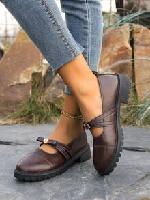 2026 Spring French Bow Shallow Mary Jane Shoes For Women, Black Chunky Heel Flats, Loafers - Brown - View 5