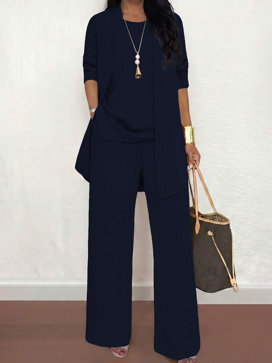 Bộ đồ nữ cỡ lớn 3 món màu trơn, phong cách thường ngày: Áo khoác/áo cardigan + Áo không tay cổ tròn + Quần ống đứng cạp chun, chất liệu mềm mại, co giãn, dáng rộng, thoải mái khi đi làm, thích hợp cho mùa xuân/thu/đông/hè. - Màu xanh hải quân - Xem 1