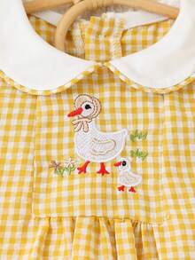 Girls' Yellow Plaid Collar Dress With Puff Sleeves, Duck Embroidery, Casual Fitted Cute Style, Suitable For Girls - Yellow - View 4