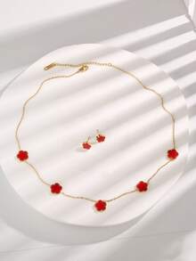 3pcs Fashion Stainless Steel Flower Decor Chain Necklace Earring Set For Women For Daily Life - Gold - View 16