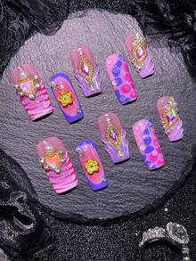 Bộ móng acrylic vuông 10 món, bộ trang trí móng tay ngày Valentine, móng hồng, móng kiểu Pháp tím trắng, họa tiết da báo và ngựa vằn vẽ tay, hình trái tim đính đá 3D và các phụ kiện móng khác, trang trí kim cương, trang trí hoa 3D. Bộ dụng cụ làm móng acrylic thích hợp cho các dịp lễ hội năm mới, sử dụng hàng ngày, các buổi tụ họp, tiệc tùng, và là món quà tuyệt vời dành cho phụ nữ và các cô gái. Bộ sản phẩm bao gồm 1 miếng mút gel và 1 dũa móng. - Nhiều màu - Xem 2