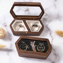 1pc Personalized Wooden Double Slot Ring Box, Valentine's Day Gift, Wedding Decor, Customized Ring Holder, Engagement Wedding Ceremony Ring Box ,Closet Organizers And Storage - Brown - View 3