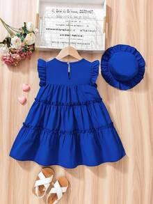 Vestido de niña estilo casual de hadas de color azul marino sólido + sombrero, vestido de vacaciones imprescindible para niñas en verano, diseño de cintura alta versátil y elegante, adecuado para reuniones familiares, fiestas de cumpleaños, vacaciones en la playa, fresco y sencillo, viene con un lindo sombrero a juego para añadir dulzura, fácil de tomar fotos de vacaciones elegantes. Adecuado para niñas de 4 a 7 años, primavera/verano. - Azul - Ver 2