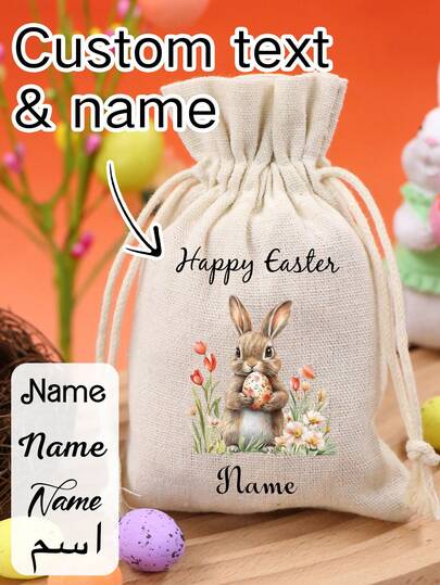 LICVIC Custom Text Easter Bunny Drawstring Bag, Personalized Holiday Gift Pouch-With Rabbit Pattern, Customized Name Festive Treat Sack, Customizable Present For Celebrations, Easter Gifts, Stylish Accessory & Thoughtful Gift For Special Occasions, Family