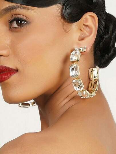 2 piezas Pendientes de aro de moda con brillantes rhinestones, accesorios vintage para mujeres