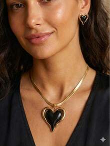 2件套新款创意中东风心形吊坠项链耳环套装，优雅简约设计，情人节、母亲节礼物 - 金黃色 - 查看 4