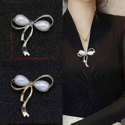 1pc Pearl Bow Brooch, Practical Accessory, Can Be Pinned On Scarves, Sweaters, Jackets To Prevent Wardrobe Malfunction, Fashionable, Elegant And Practical, Faux Pearl Brooch