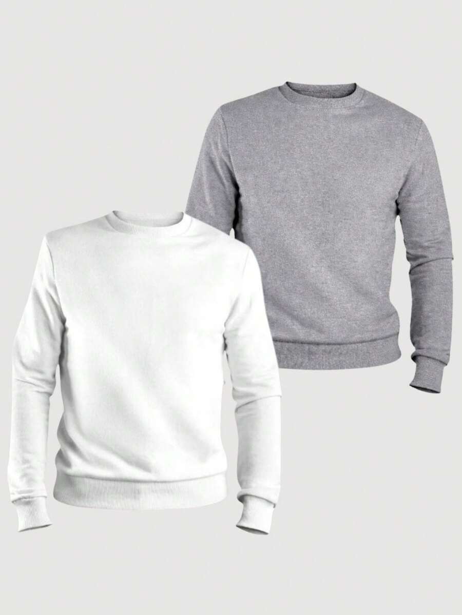 Kit Of 2 Men's Plain Crew Neck Sweatshirts, Unisex Cotton - 白色/灰色 - 查看 1