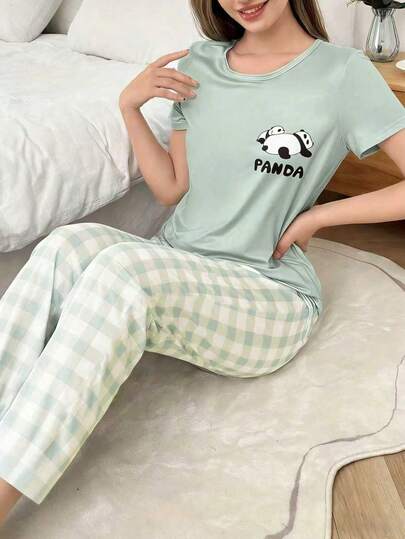 两件套舒适休闲卡通印花短袖格子裤女睡衣套装
