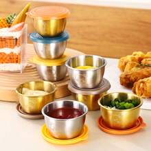6pcs Stainless Steel Sauce Cups With Lids, Reusable Sauce Containers With Leak-Proof Plastic Covers, Salad Dressing, BBQ Sauce, Cheese Dip, Ketchup Cups Kitchen Accessories - Multicolor - View 6
