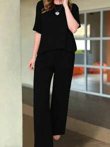Plus Size Women's Daily Commute Solid Color Round Neck Short Sleeve Top And High Waist Pocket Wide Leg Pants Set, Spring/Summer - Black - View 5