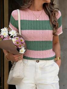 Just Masa Women Summer Casual Elegant Knit Top, Striped Contrast Color Textured Round Neck Short Sleeve Stretchy Fitted Minimalist Cute Lady Pullover Sweater, Suitable For Beach, Travel, Commute, Date, Daily Wear - Pink and Green Stripes - View 3
