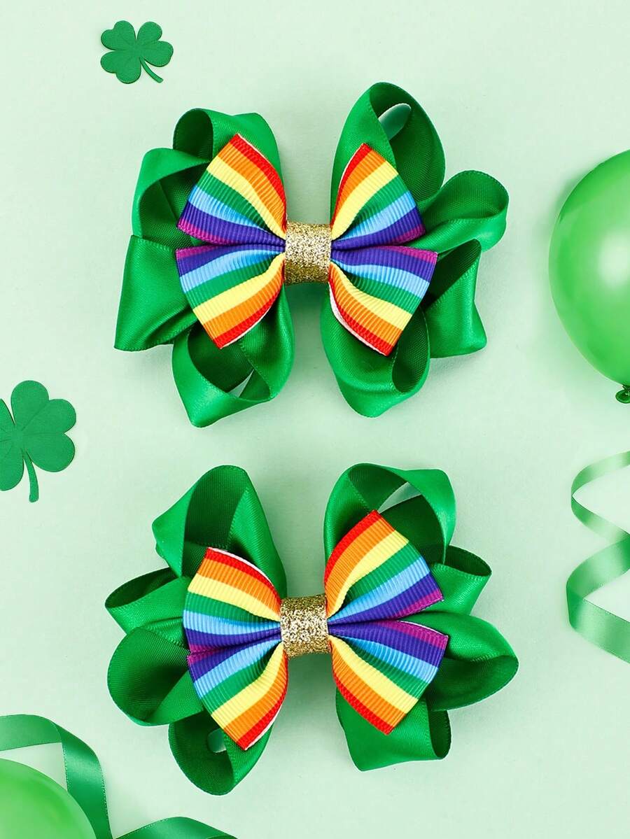 2pcs Green Hair Bows For Girls Rainbow Stripes Fabric Bow Decor Hairpins Alligator Clips Lucky Holiday Barrettes Girls Hair Ornaments Headpieces St. Patrick's Day Hair Accessories - Multicolor - View 1