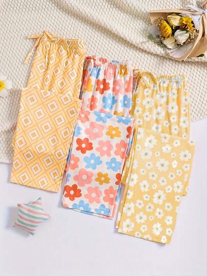 3pcs Women's Floral & Geometric Print Straight Leg Pants, Casual & Comfortable For Spring/Summer Daily Wear