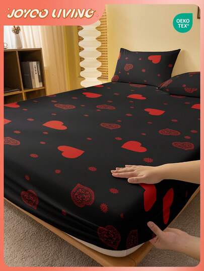 1 pieza Sábana ajustada con estampado de corazón (Funda de almohada no incluida), Cubierta de colchón amigable con la piel, Protector de colchón con estampado, Suave y transpirable, Cálido, Ajuste multisize para cama individual/doble/queen/king, Lavable a máquina, Decoración del hogar, Decoración del dormitorio, Negro, Certificado Oeko-Tex