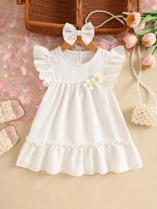 Bộ 2 món cho bé gái: váy ren hoa 3D tay bồng màu trơn dễ thương kiểu dáng thường ngày kèm băng đô. - trắng - Xem 2