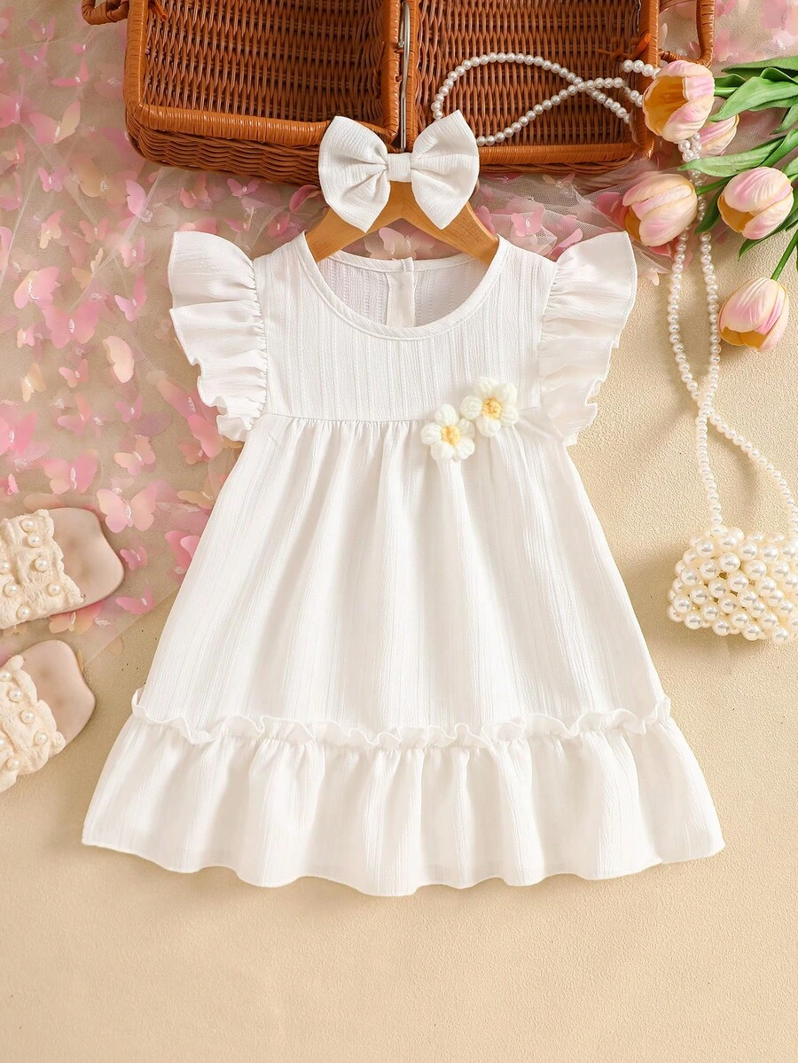 Bộ 2 món cho bé gái: váy ren hoa 3D tay bồng màu trơn dễ thương kiểu dáng thường ngày kèm băng đô.