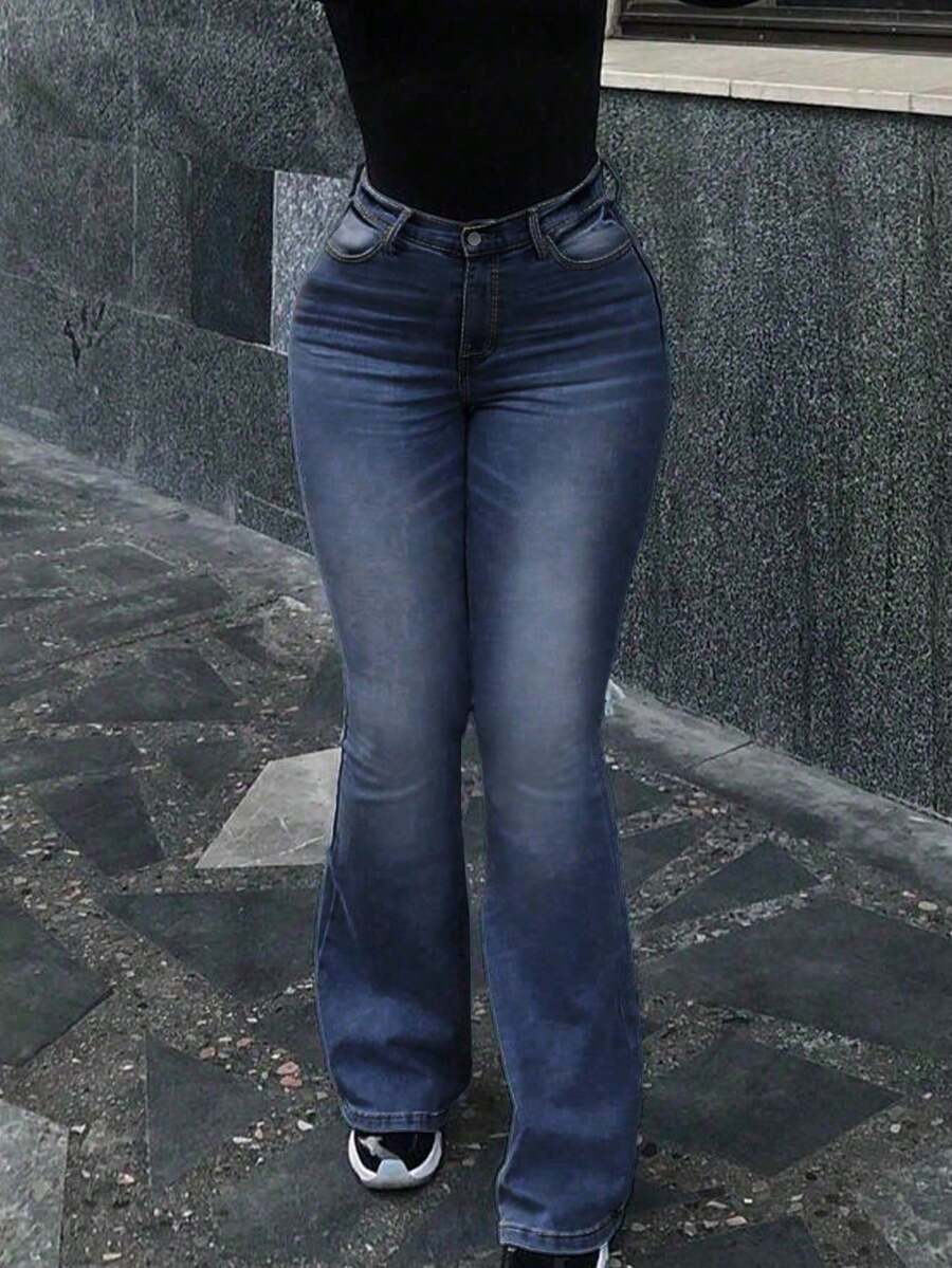 Women's Distressed Elastic Skinny Flare Jeans - Navy Blue - View 1