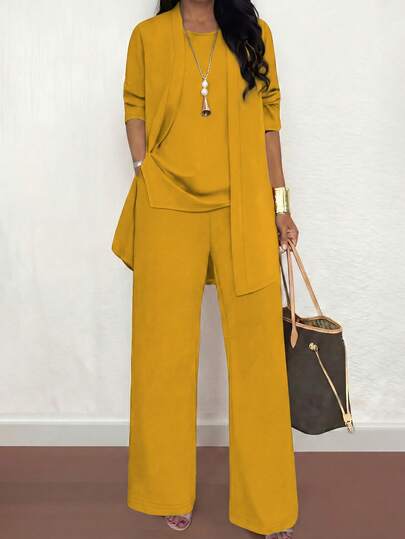 3pcs Plus Size Women Casual Solid Color Outfit Set: Jacket/Cardigan + Round Neck Sleeveless Top + Elastic Waist Straight Leg Pants, Soft Stretchy Fabric, Loose Fit, Comfortable For Commuting, Spring/Autumn/Winter