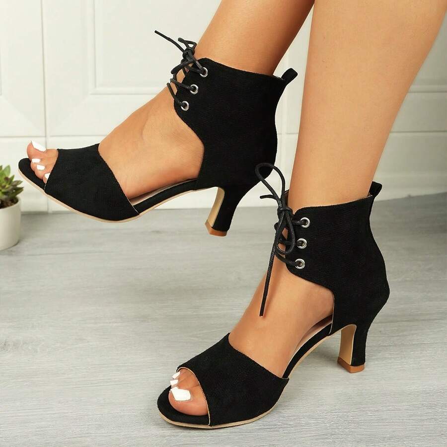 Women's Elegant Black Lace-Up Ankle Boots, Open Toe, Heeled, Low-Cut, 7cm Heel Height, Comma High Heels, Suitable For Office, Party, Outdoor - Black - View 1