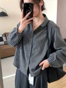 女士时尚条纹长袖纽扣前开襟涤纶衬衫，带领，春季款 - 灰色 - 查看 1