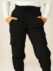 Girls' Denim Jeans With Pockets And Elastic Waistband, Blogger Style, Solid Colors, Back To School, Basic Casual Black. - 黑色 - 查看 2
