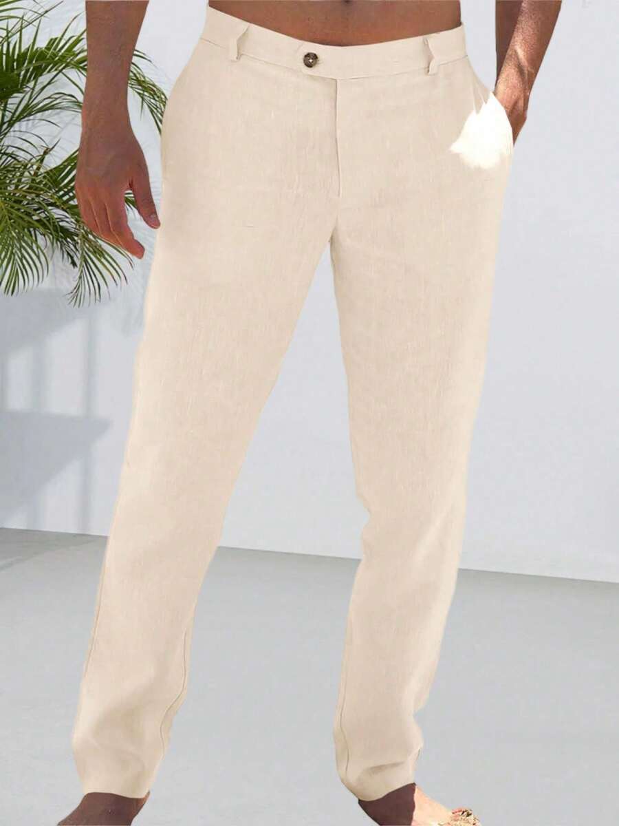 Runcati Mens Casual Pants Elastic Waist Linen Lightweight Straight-Legs Loose Fit Summer Beach Yoga Trousers - Màu gạo - Xem 1