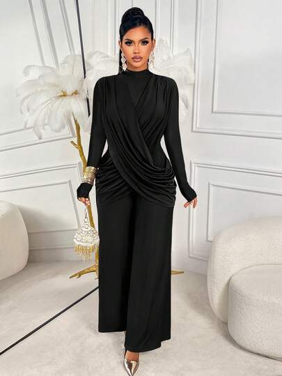 AIJ Amarilo Women'S Sexy Round Neck Long Sleeve Wrap Jumpsuit - Perfect For Parties & Gatherings