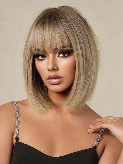 [100% Tangron Silk Blonde Bob Wig] Chic Ombre Blonde Bob Wig With Bangs For Women - 100% Tangron Silk, Matte Finish, High-Temperature Resistant, Straight Style, Breathable Rose Net Cap, Fit, Wig Cap